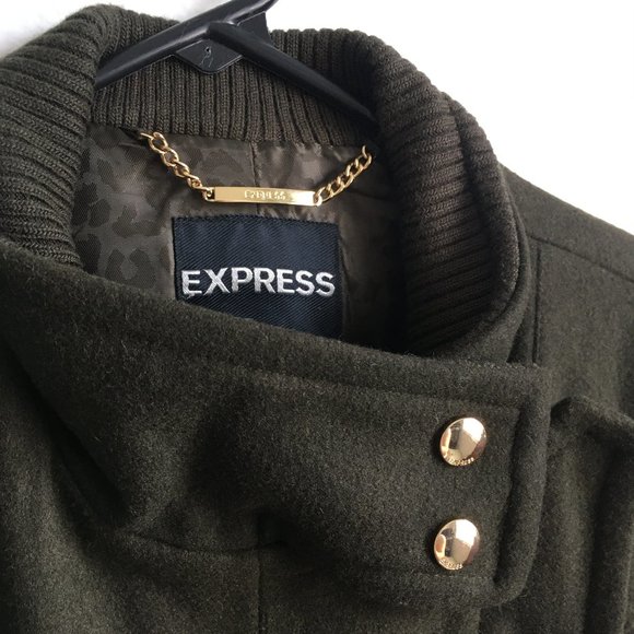 Express Olive Green military style Wool Coat with Gold hardwear, New, Size Small - Picture 4 of 11